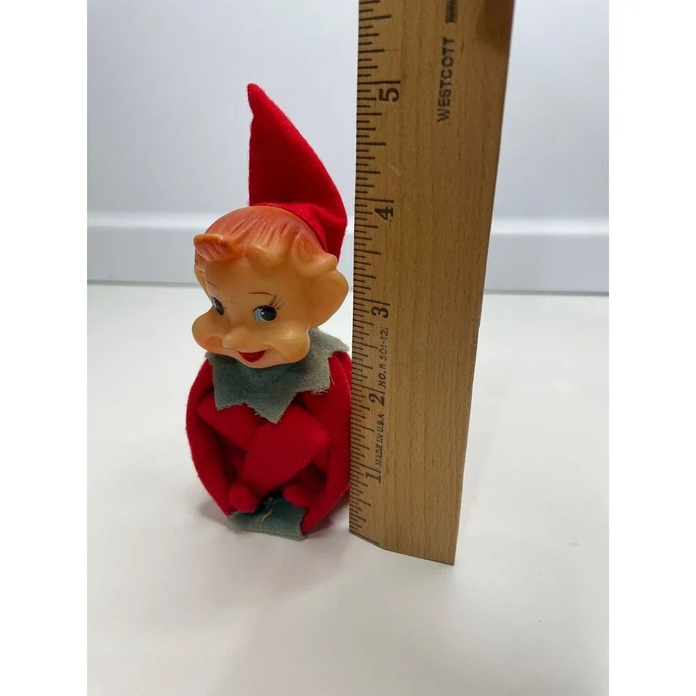 Japan Elf Knee Hugger Rubber Face Red Green Felt Not Colorfast Christmas VTG